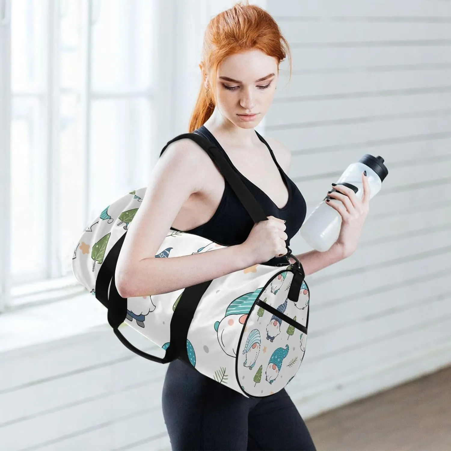 Adorable Christmas Winter Snow Gnomes with Green Leaves on White Portable Gym Bag, Travel Bag, Luggage bag, Sports Bag, Toiletry Bag with Handles, Detachable Shoulder Strap 17.6 x 9 x 9 inch