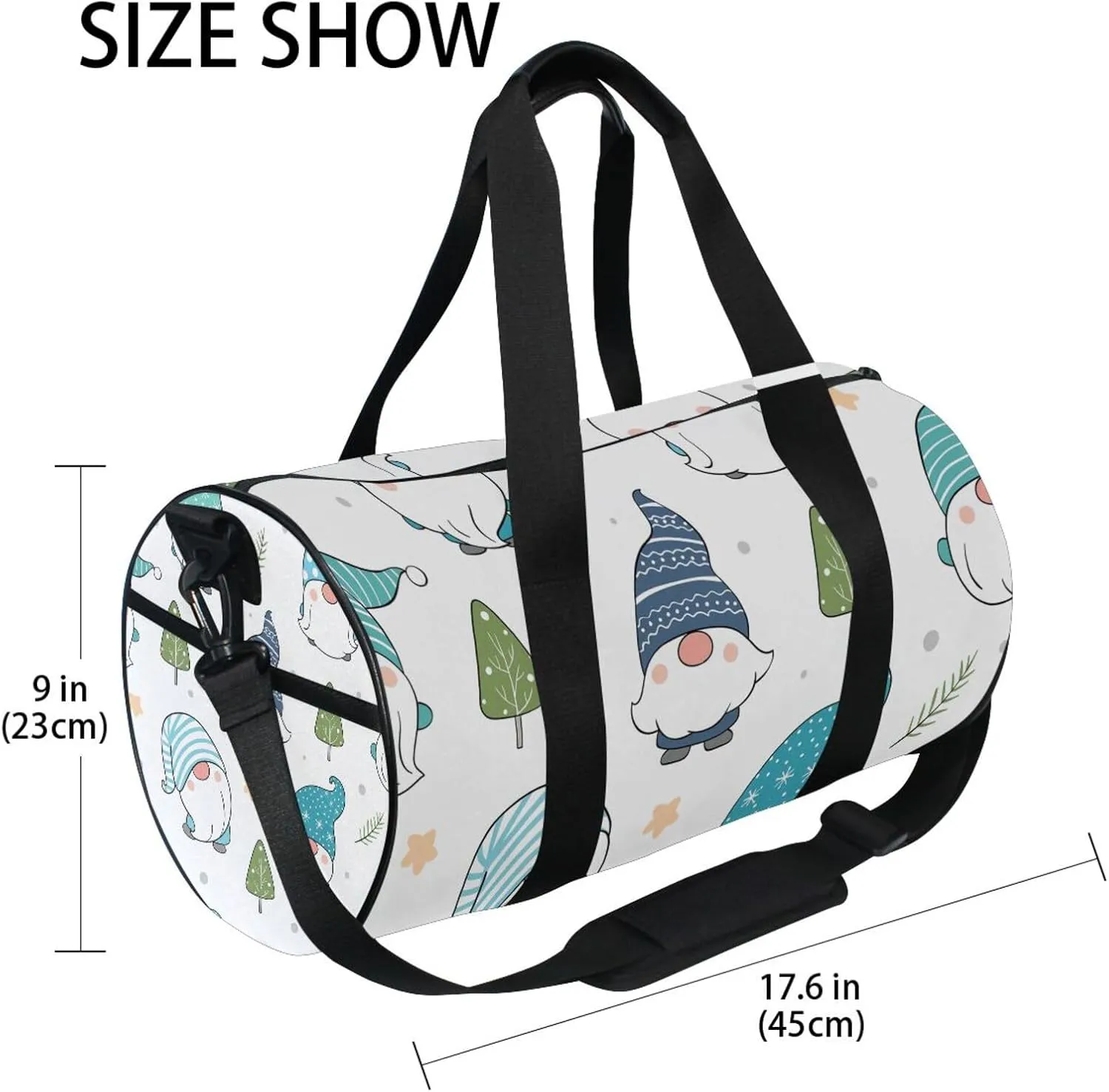 Adorable Christmas Winter Snow Gnomes with Green Leaves on White Portable Gym Bag, Travel Bag, Luggage bag, Sports Bag, Toiletry Bag with Handles, Detachable Shoulder Strap 17.6 x 9 x 9 inch