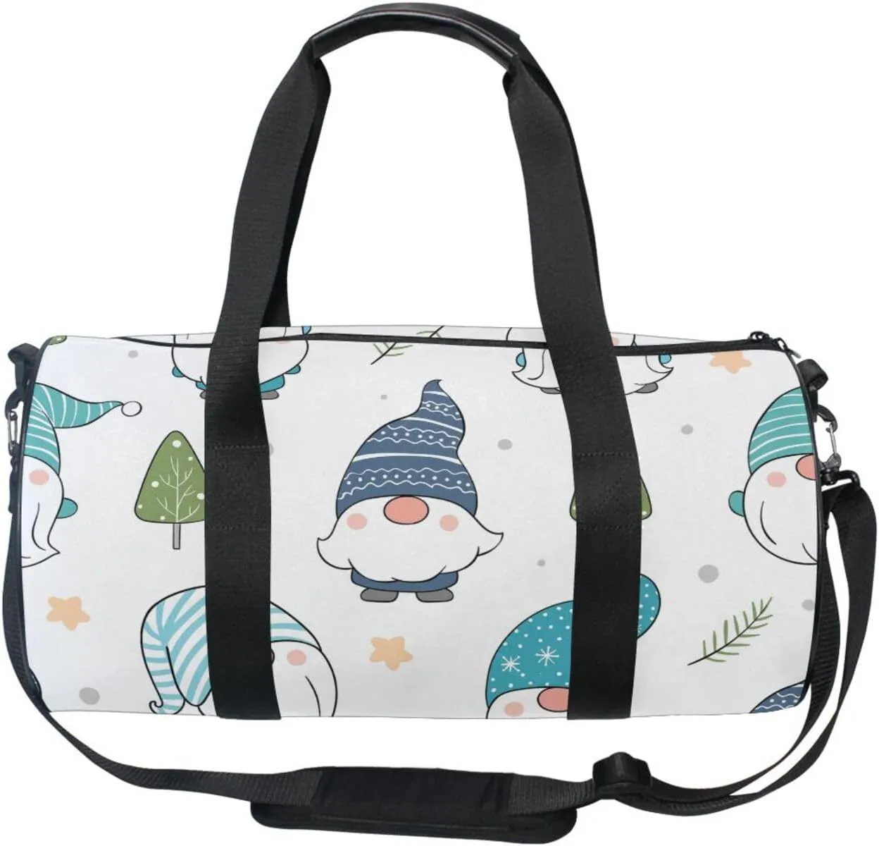 Adorable Christmas Winter Snow Gnomes with Green Leaves on White Portable Gym Bag, Travel Bag, Luggage bag, Sports Bag, Toiletry Bag with Handles, Detachable Shoulder Strap 17.6 x 9 x 9 inch