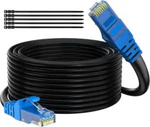 Adoreen Cat 6 Outdoor Ethernet Cable 100 Ft Black, High Speed Heavy Duty Long Internet Network Cable for POE Camera Cat 5 5e RJ45 LAN Patch Cable Cord, Sturdy Waterproof Direct Burial 25 Ties