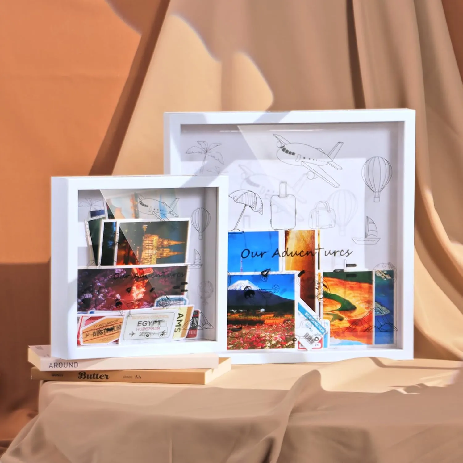 Adventure Archive Box,Travel Shadow Box Frame with Slot, 8“&12” Memory Box,World Map Pattern,Perfect for Concert,Music,Theater & Photography Tickets,Shadow Box Travel Gift Frame(White, 8x8)
