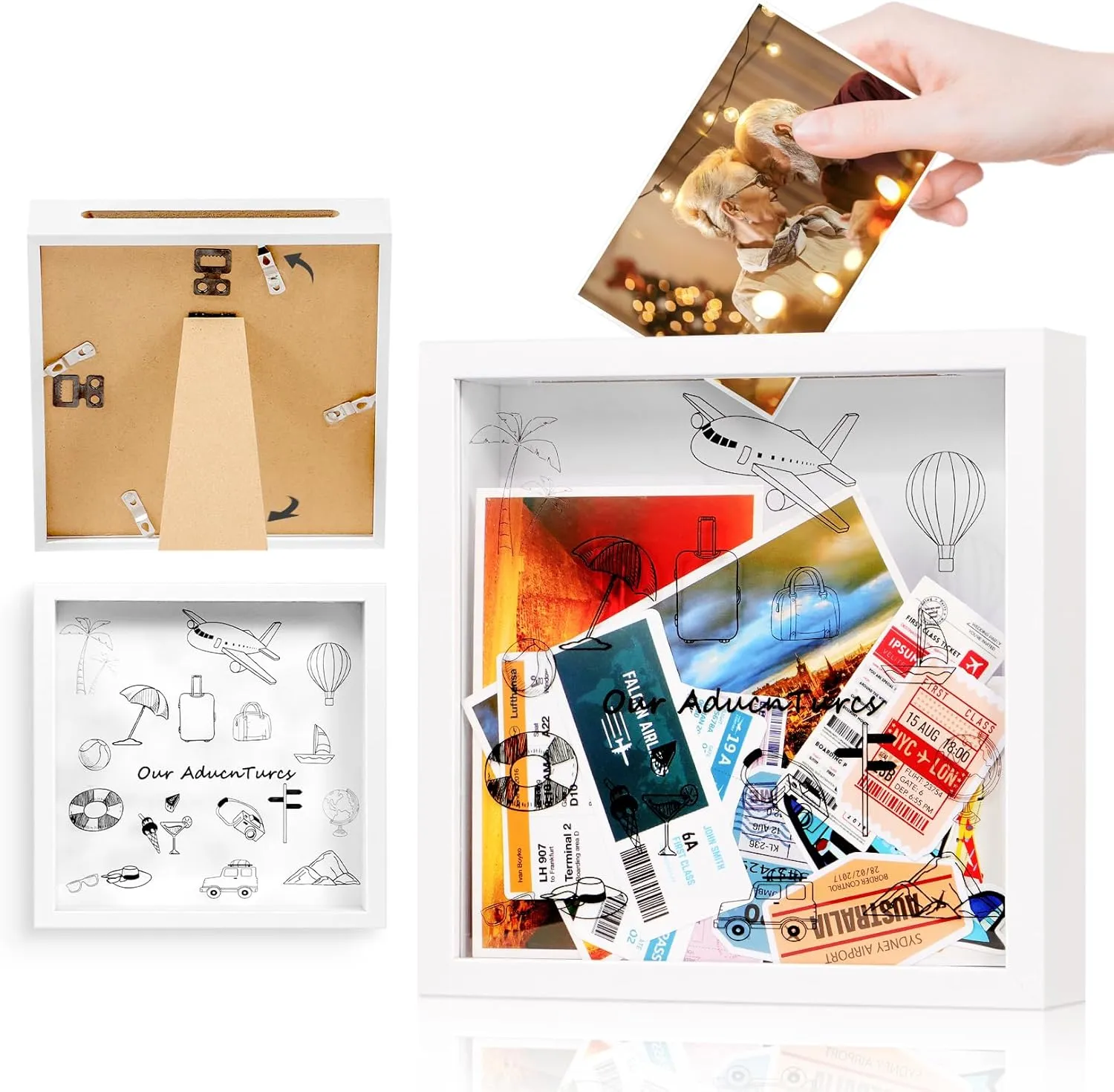 Adventure Archive Box,Travel Shadow Box Frame with Slot, 8“&12” Memory Box,World Map Pattern,Perfect for Concert,Music,Theater & Photography Tickets,Shadow Box Travel Gift Frame(White, 8x8)