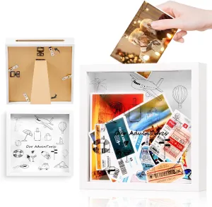 Adventure Archive Box,Travel Shadow Box Frame with Slot, 8“&12” Memory Box,World Map Pattern,Perfect for Concert,Music,Theater & Photography Tickets,Shadow Box Travel Gift Frame(White, 8x8)
