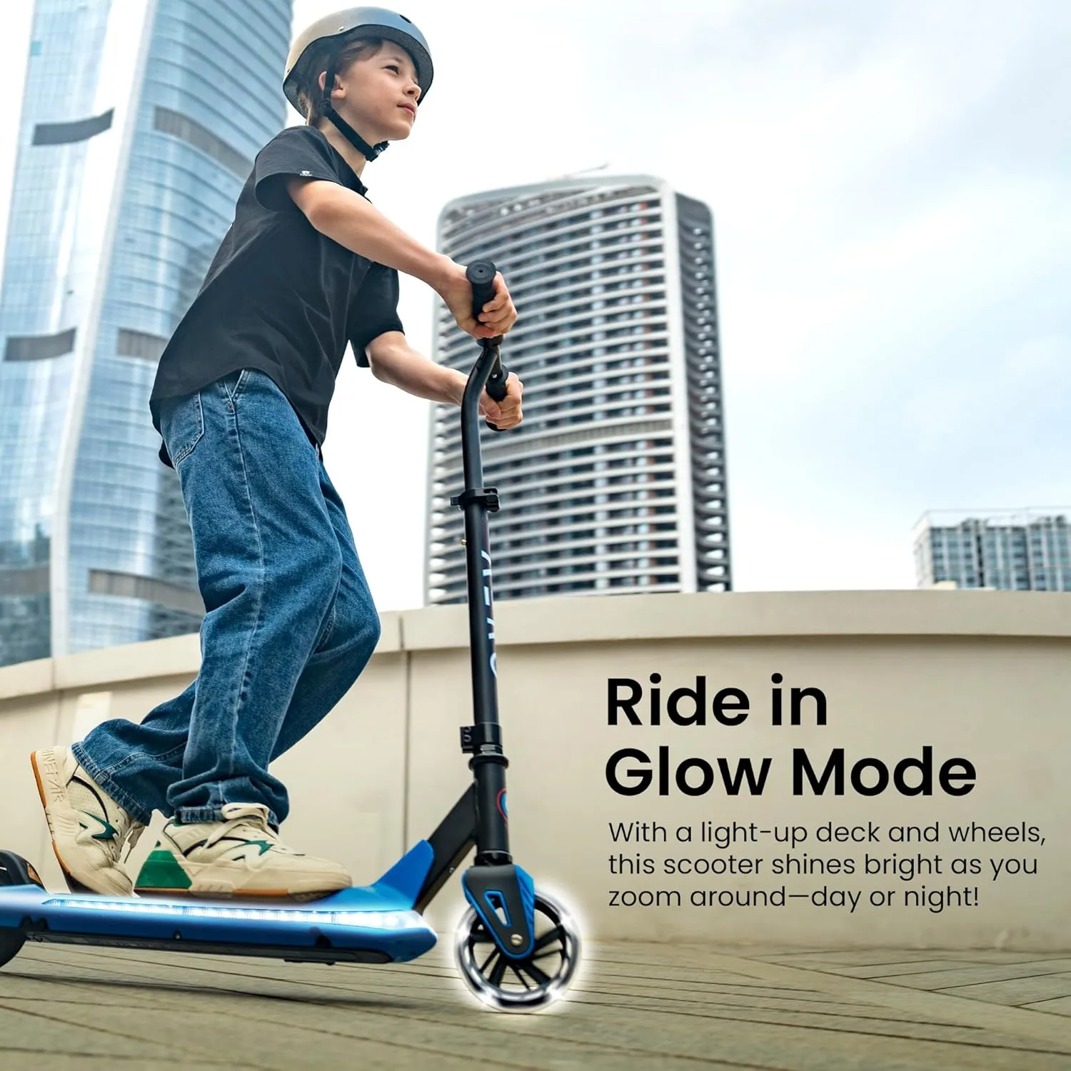 AERO Kids Electric Scooter for Boys and Girls Ages 6-12 or 8-12, with Hand Accelerator, LED Lights, 2 Speed Levels, Battery Indicator, Rubber Mat, and Adjustable Heights