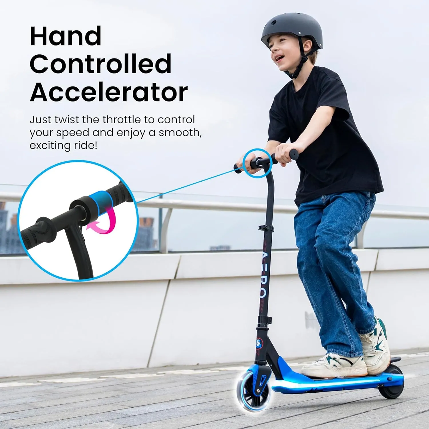 AERO Kids Electric Scooter for Boys and Girls Ages 6-12 or 8-12, with Hand Accelerator, LED Lights, 2 Speed Levels, Battery Indicator, Rubber Mat, and Adjustable Heights