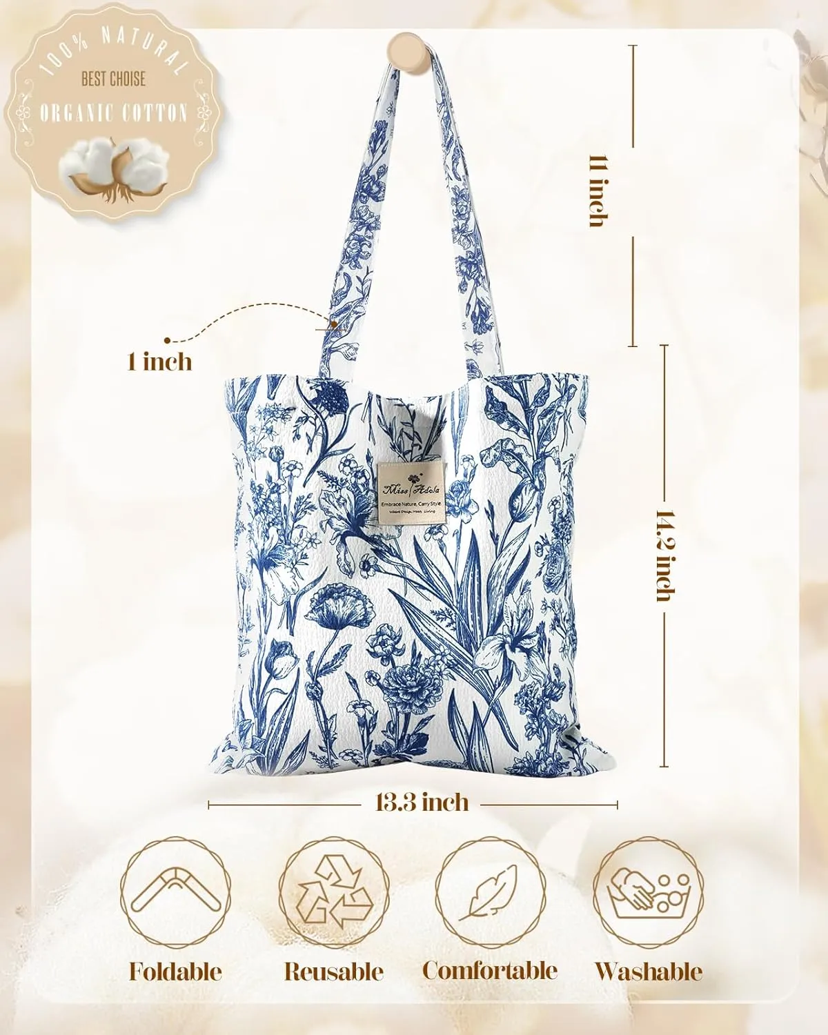 Aesthetic Cotton Tote Bag for Women - Reusable Shoulder Bag with Buckle Fabric Bag for Gym, Travel, Work
