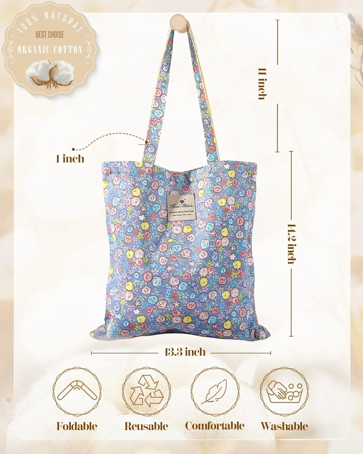 Aesthetic Cotton Tote Bag for Women - Reusable Shoulder Bag with Buckle Fabric Bag for Gym, Travel, Work