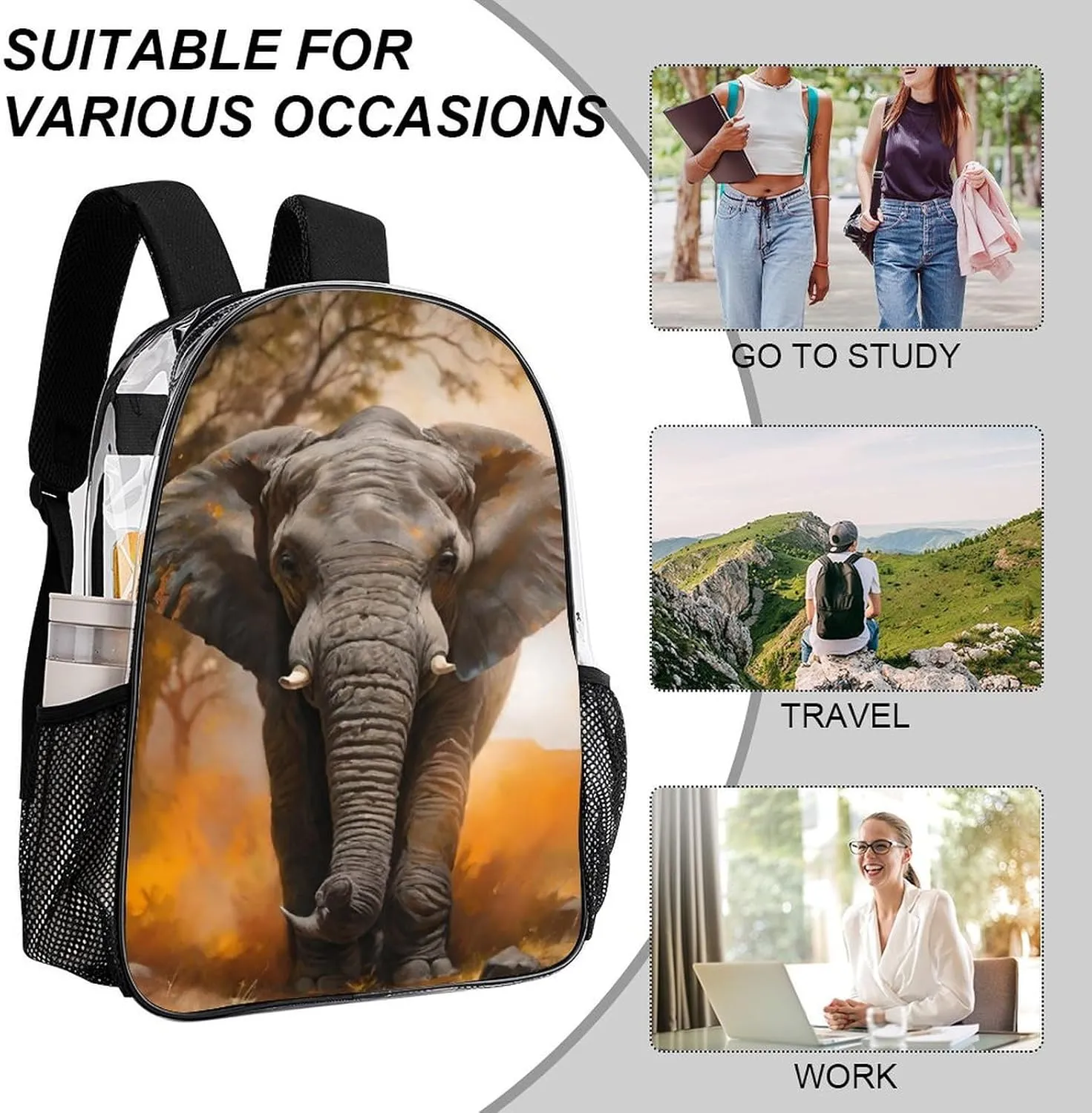 African Elephant Rucksack Transparent Anti-Theft Multipurpose Carry On Bag Large Capacity Travel and Sport Backpack Rucksack With Smooth Zippers