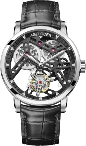 AGELOCER Manual Mechanical Watch, Skeleton Tourbillon Wrist Watches with Mechanical Movement and Skeleton Dial Luxury Dress Watch