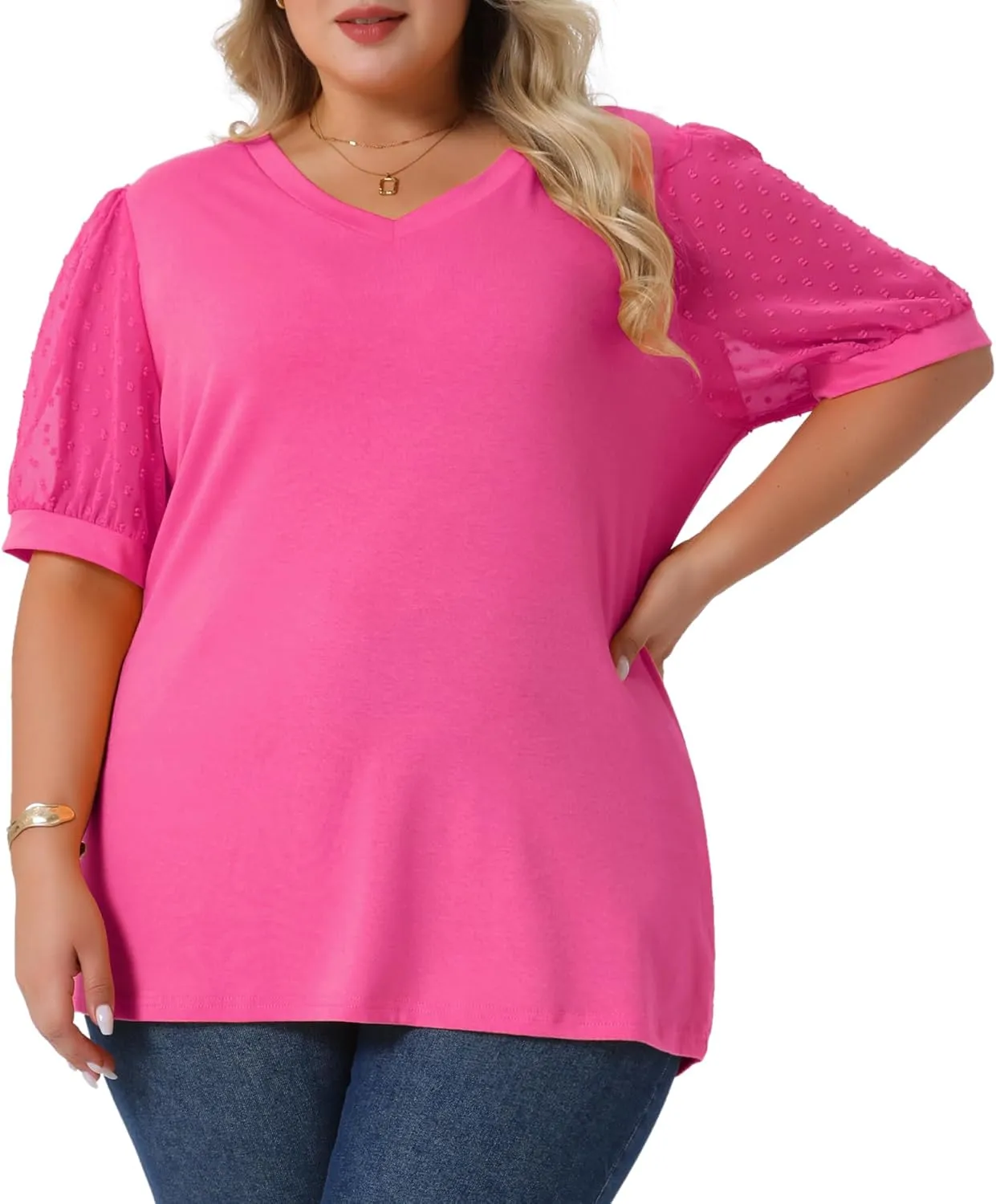 Agnes Orinda Plus Size Tops for Women V Neck Swiss Dots Puff Sleeve Shirts Loose Casual Blouses Tee Shirt