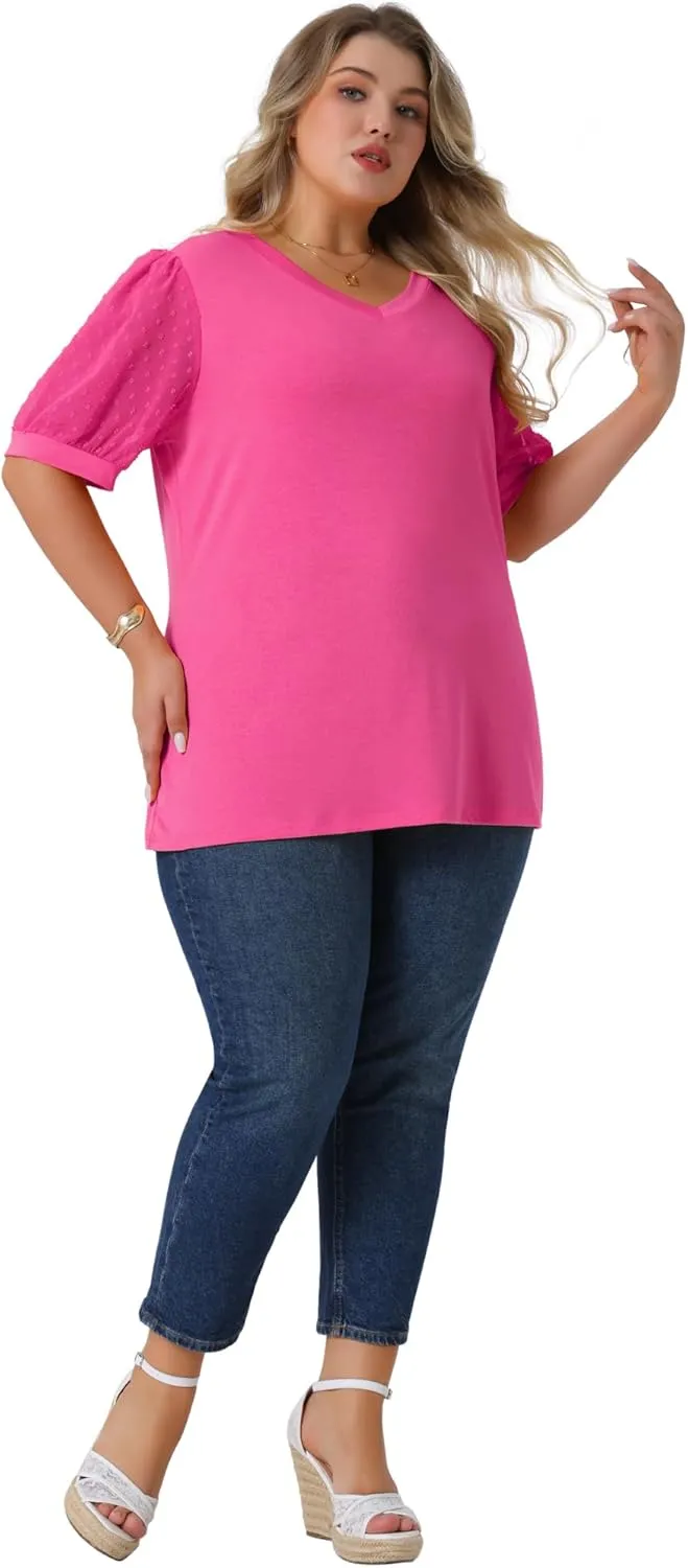 Agnes Orinda Plus Size Tops for Women V Neck Swiss Dots Puff Sleeve Shirts Loose Casual Blouses Tee Shirt