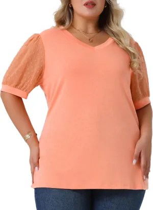 Agnes Orinda Plus Size Tops for Women V Neck Swiss Dots Puff Sleeve Shirts Loose Casual Blouses Tee Shirt