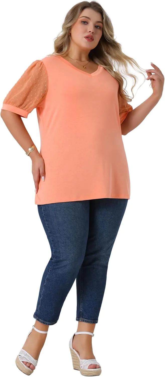 Agnes Orinda Plus Size Tops for Women V Neck Swiss Dots Puff Sleeve Shirts Loose Casual Blouses Tee Shirt
