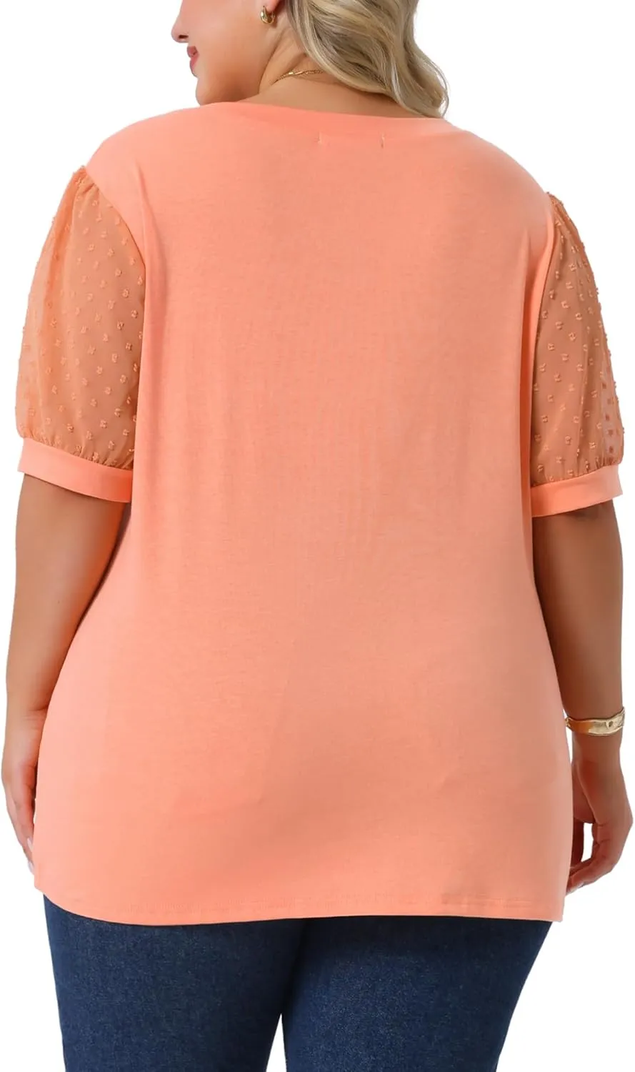 Agnes Orinda Plus Size Tops for Women V Neck Swiss Dots Puff Sleeve Shirts Loose Casual Blouses Tee Shirt