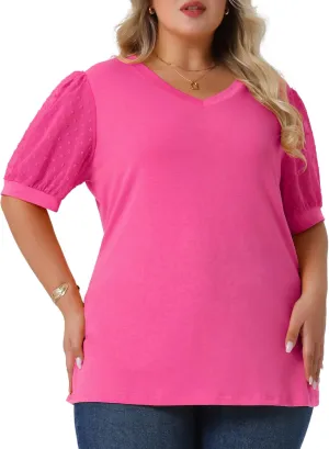 Agnes Orinda Plus Size Tops for Women V Neck Swiss Dots Puff Sleeve Shirts Loose Casual Blouses Tee Shirt