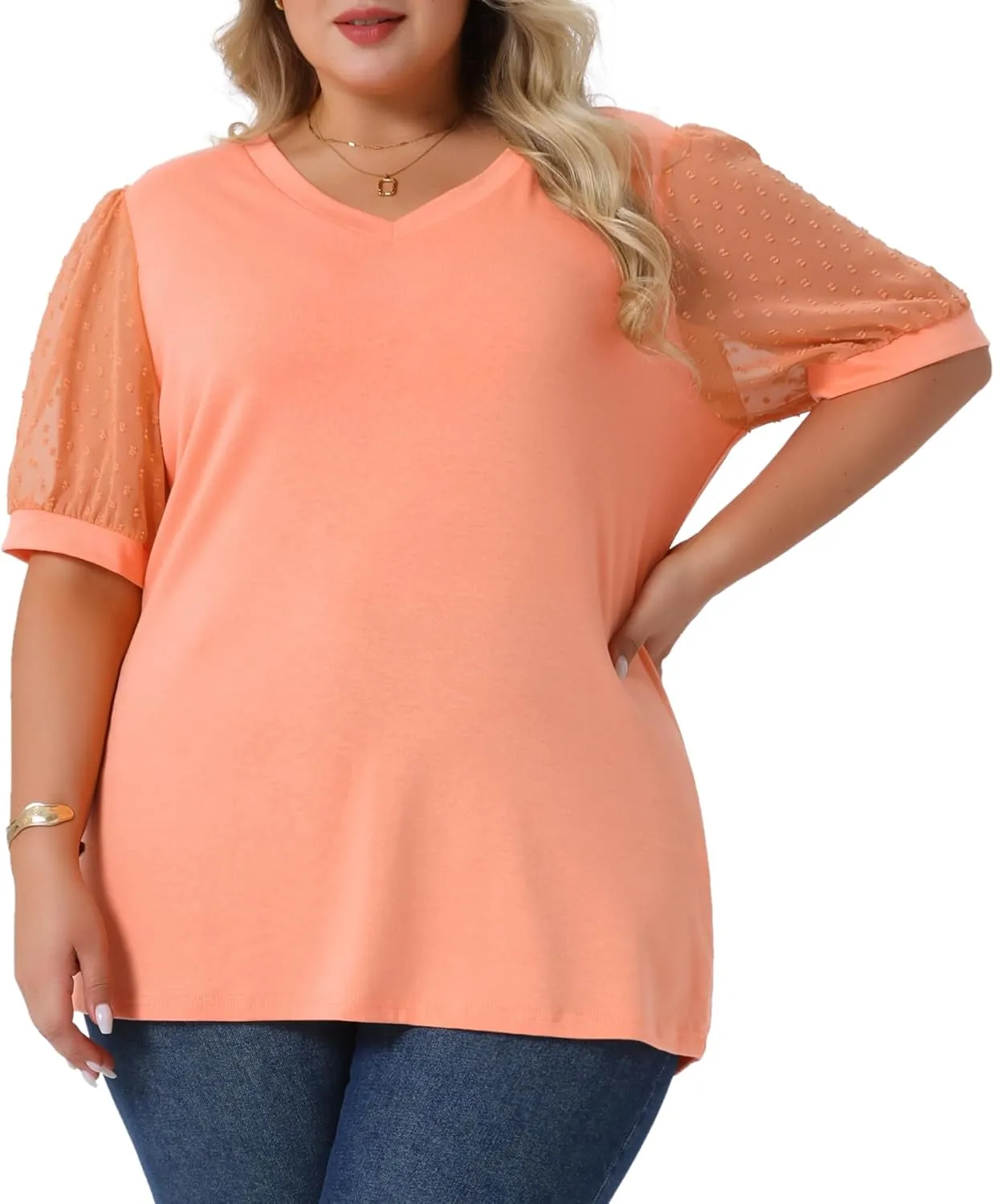 Agnes Orinda Plus Size Tops for Women V Neck Swiss Dots Puff Sleeve Shirts Loose Casual Blouses Tee Shirt