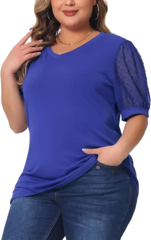 Agnes Orinda Plus Size Tops for Women V Neck Swiss Dots Puff Sleeve Shirts Loose Casual Blouses Tee Shirt
