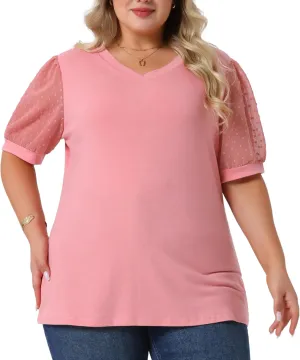 Agnes Orinda Plus Size Tops for Women V Neck Swiss Dots Puff Sleeve Shirts Loose Casual Blouses Tee Shirt