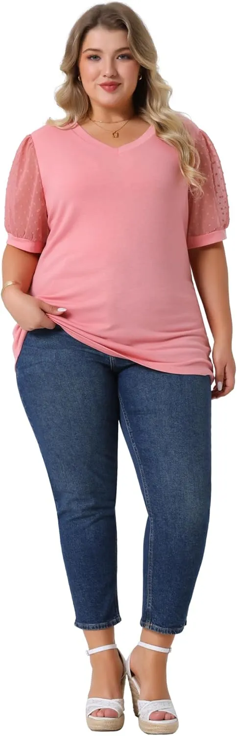Agnes Orinda Plus Size Tops for Women V Neck Swiss Dots Puff Sleeve Shirts Loose Casual Blouses Tee Shirt