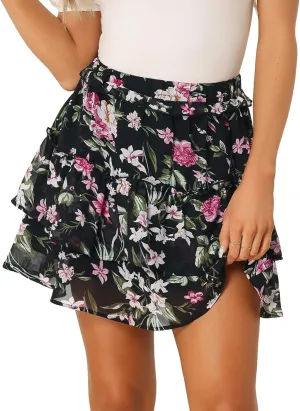 Allegra K Women's Layered Ruffle Hem Elastic Waist A-Line Skater Floral Mini Skirt