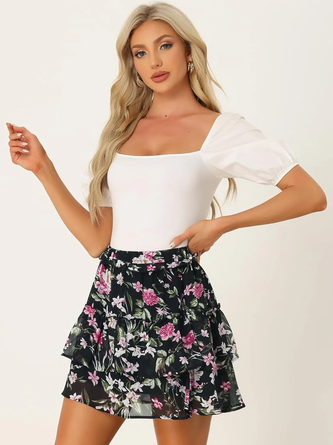 Allegra K Women's Layered Ruffle Hem Elastic Waist A-Line Skater Floral Mini Skirt