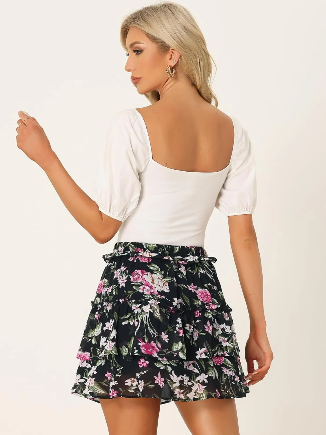 Allegra K Women's Layered Ruffle Hem Elastic Waist A-Line Skater Floral Mini Skirt