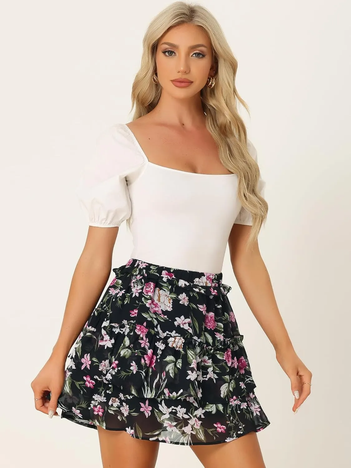 Allegra K Women's Layered Ruffle Hem Elastic Waist A-Line Skater Floral Mini Skirt