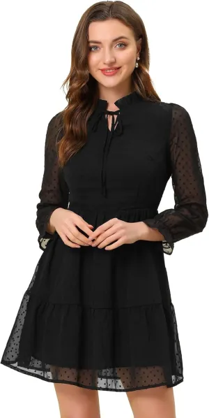 Allegra K Women's Ruffle Tie Neck Swing Tiered Babydoll Swiss Dots Dress