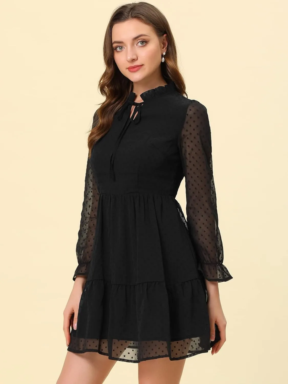 Allegra K Women's Ruffle Tie Neck Swing Tiered Babydoll Swiss Dots Dress