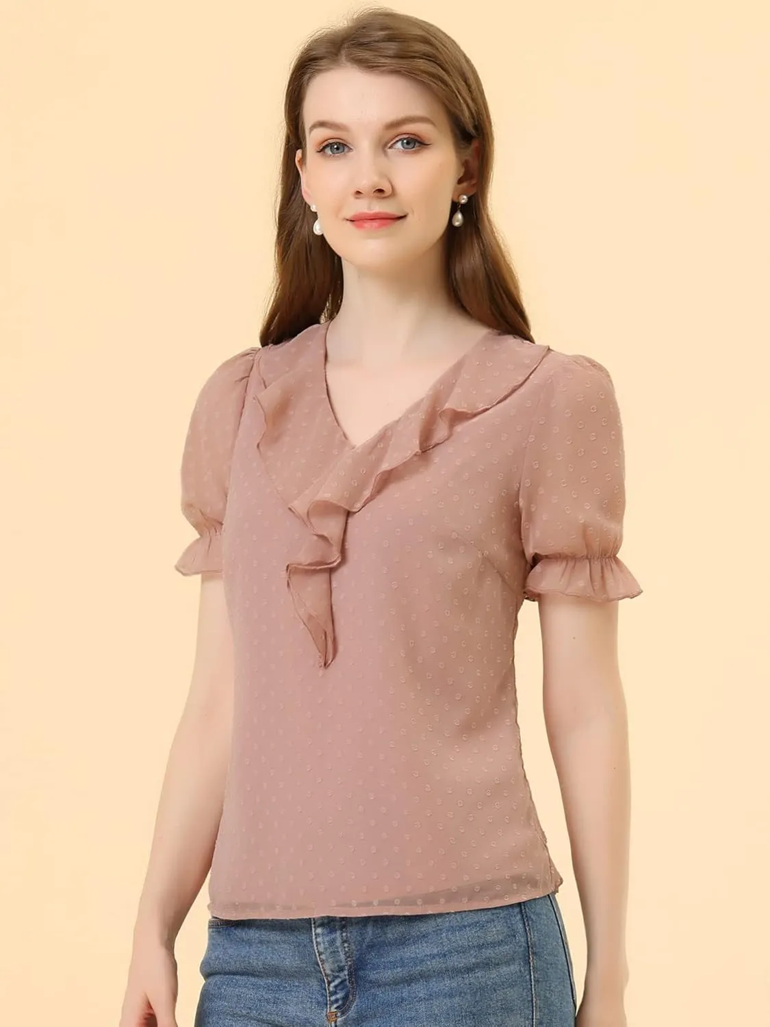 Allegra K Women's Ruffle V Neck Summer Top Dressy Casual Short Sleeve Swiss Dots Chiffon Blouse