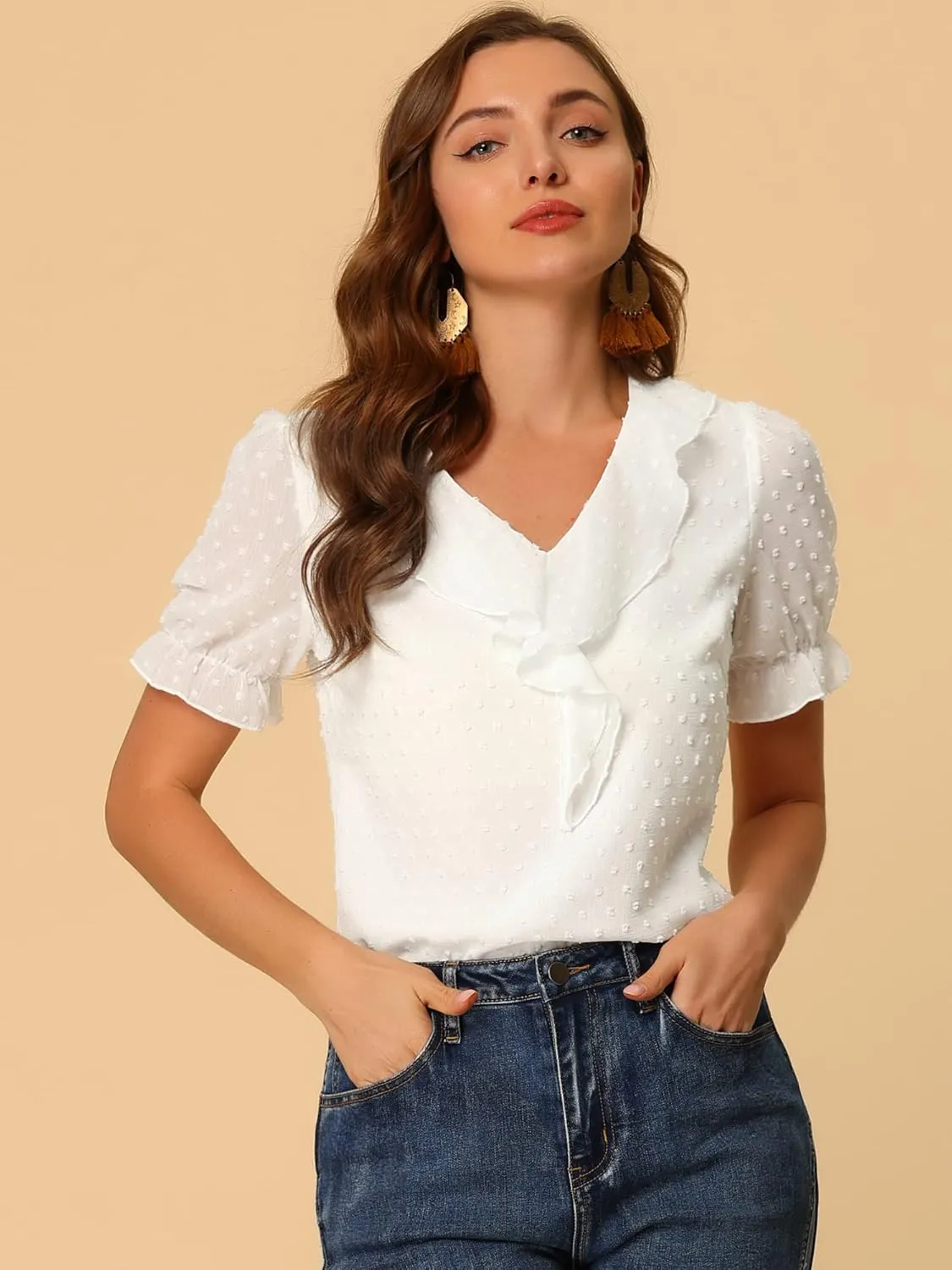 Allegra K Women's Ruffle V Neck Summer Top Dressy Casual Short Sleeve Swiss Dots Chiffon Blouse