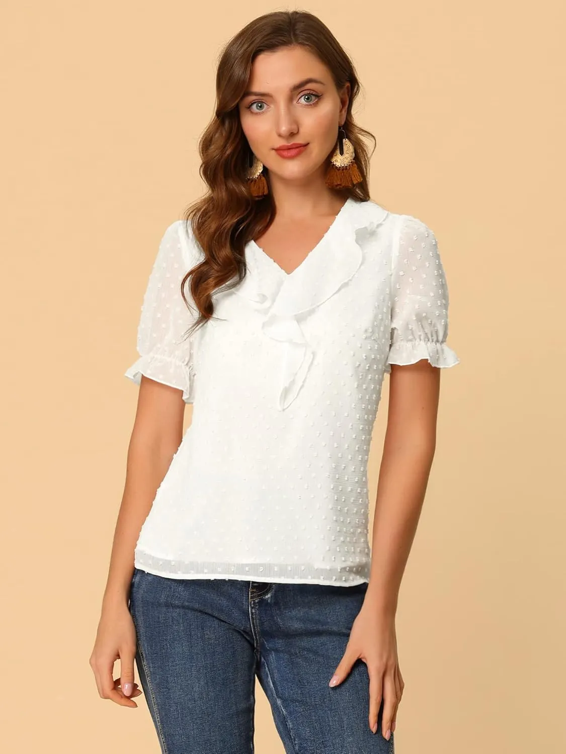 Allegra K Women's Ruffle V Neck Summer Top Dressy Casual Short Sleeve Swiss Dots Chiffon Blouse