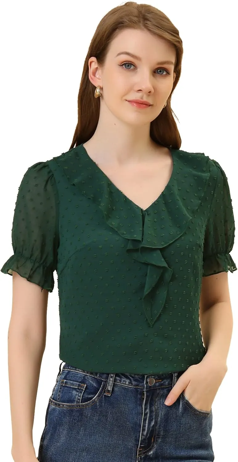 Allegra K Women's Ruffle V Neck Summer Top Dressy Casual Short Sleeve Swiss Dots Chiffon Blouse