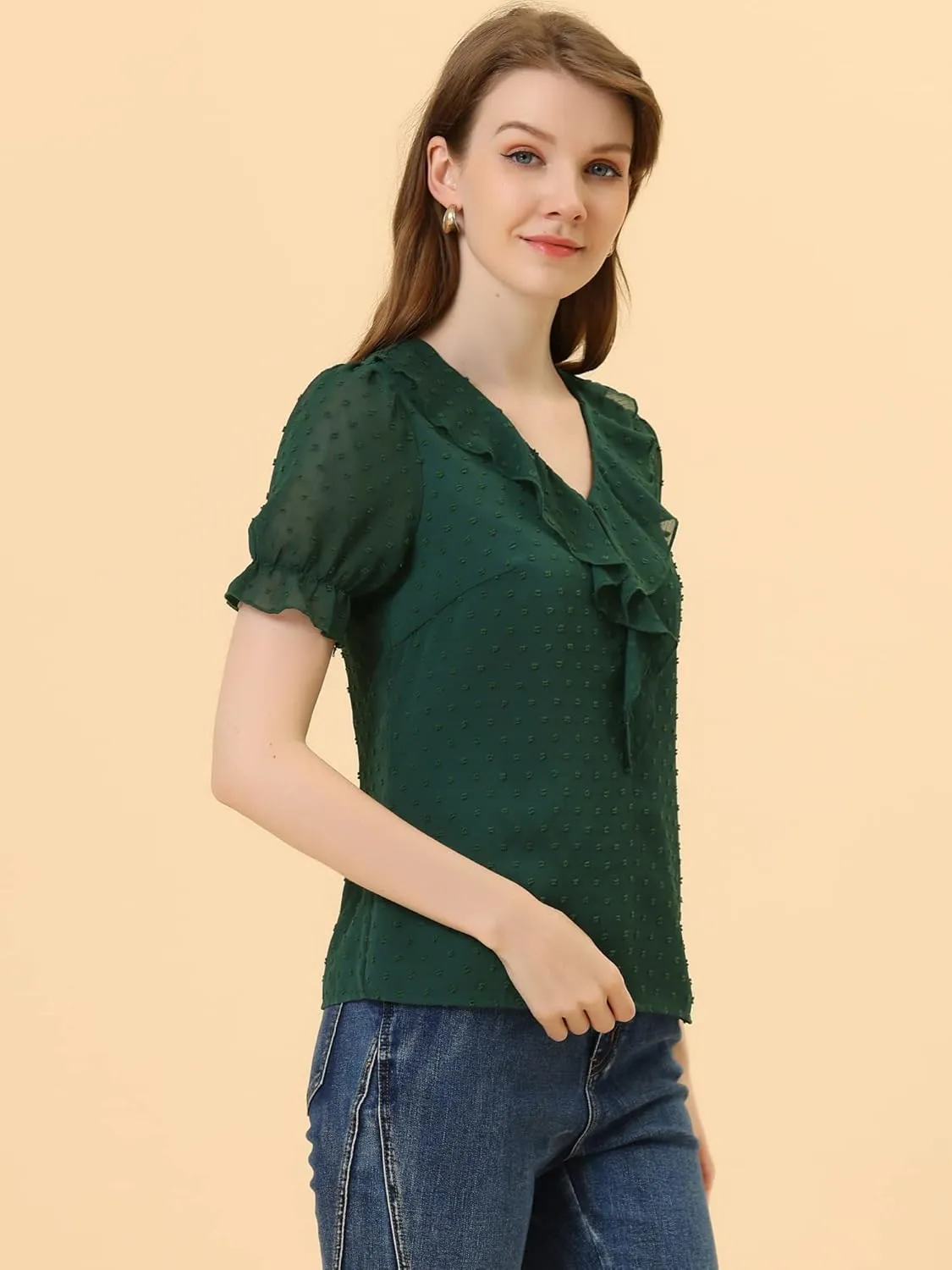 Allegra K Women's Ruffle V Neck Summer Top Dressy Casual Short Sleeve Swiss Dots Chiffon Blouse