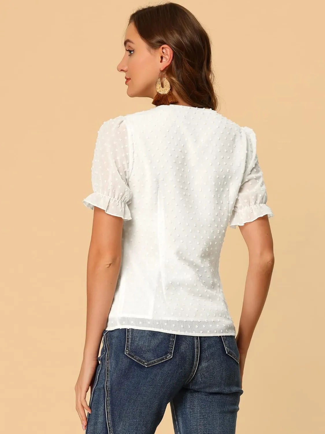 Allegra K Women's Ruffle V Neck Summer Top Dressy Casual Short Sleeve Swiss Dots Chiffon Blouse