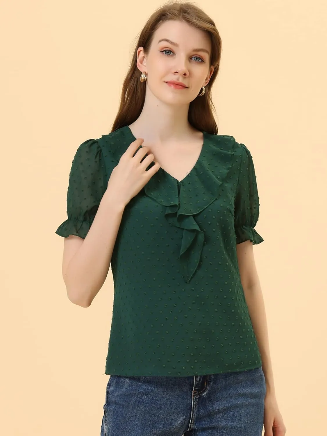 Allegra K Women's Ruffle V Neck Summer Top Dressy Casual Short Sleeve Swiss Dots Chiffon Blouse