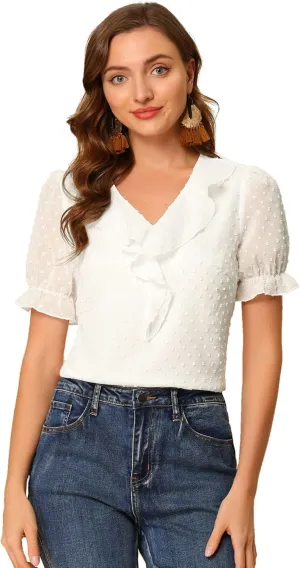 Allegra K Women's Ruffle V Neck Summer Top Dressy Casual Short Sleeve Swiss Dots Chiffon Blouse
