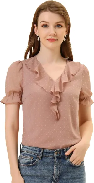 Allegra K Women's Ruffle V Neck Summer Top Dressy Casual Short Sleeve Swiss Dots Chiffon Blouse