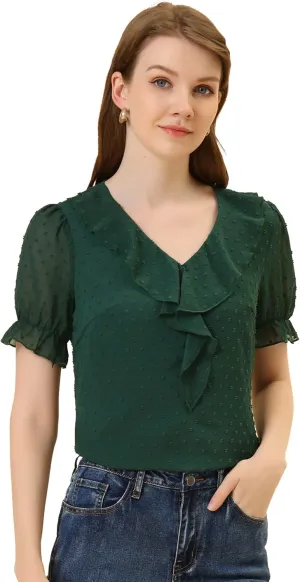 Allegra K Women's Ruffle V Neck Summer Top Dressy Casual Short Sleeve Swiss Dots Chiffon Blouse