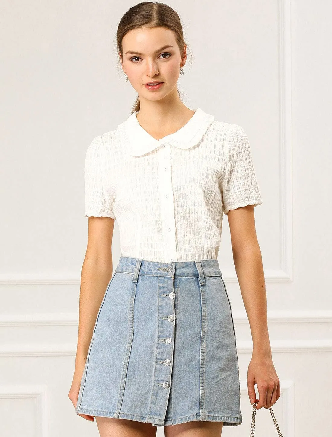 Allegra K Women's Sweet Peter Pan Collar Button Down Soft Shirt Blouse