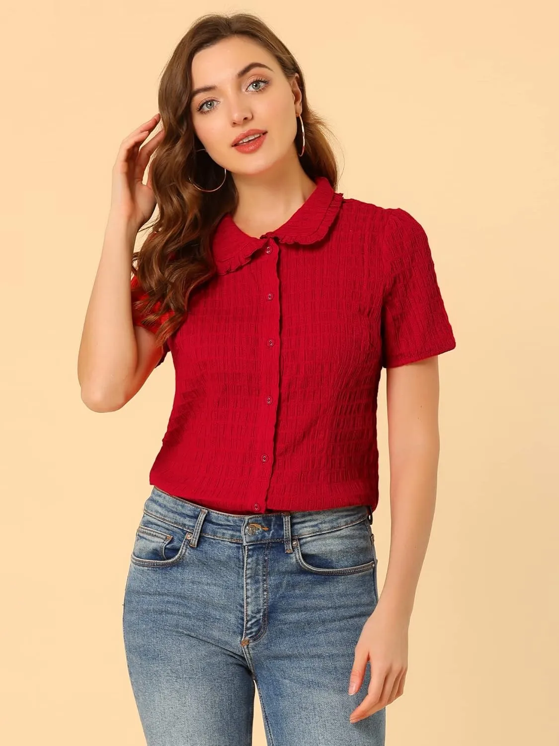 Allegra K Women's Sweet Peter Pan Collar Button Down Soft Shirt Blouse