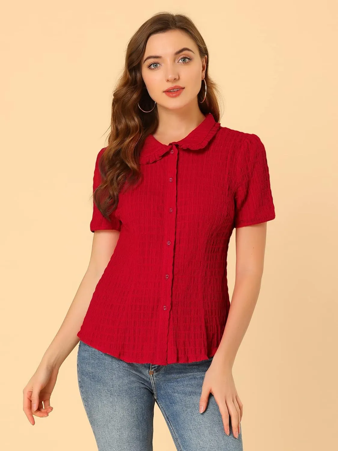 Allegra K Women's Sweet Peter Pan Collar Button Down Soft Shirt Blouse