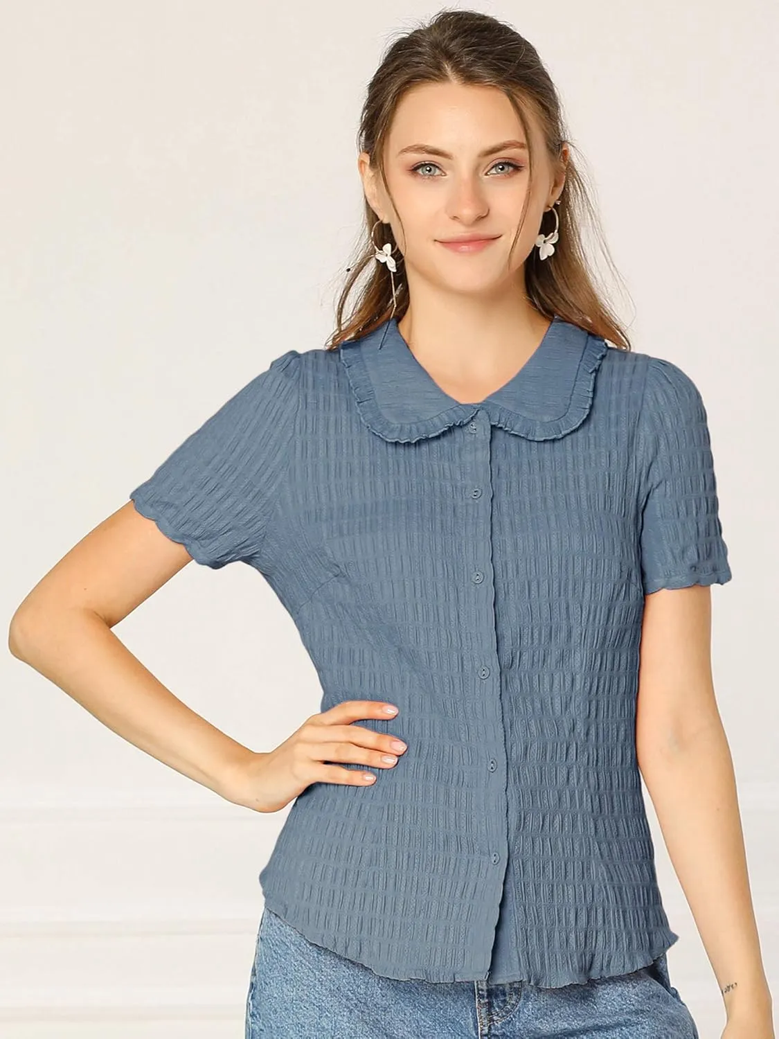 Allegra K Women's Sweet Peter Pan Collar Button Down Soft Shirt Blouse