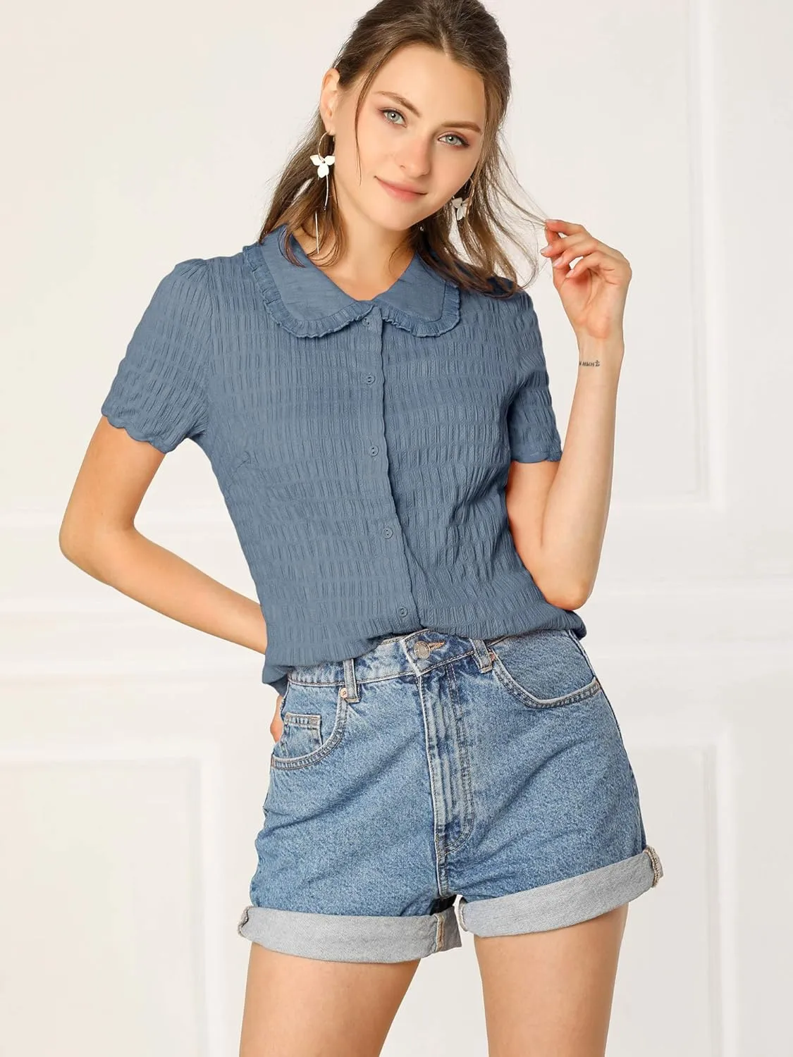 Allegra K Women's Sweet Peter Pan Collar Button Down Soft Shirt Blouse