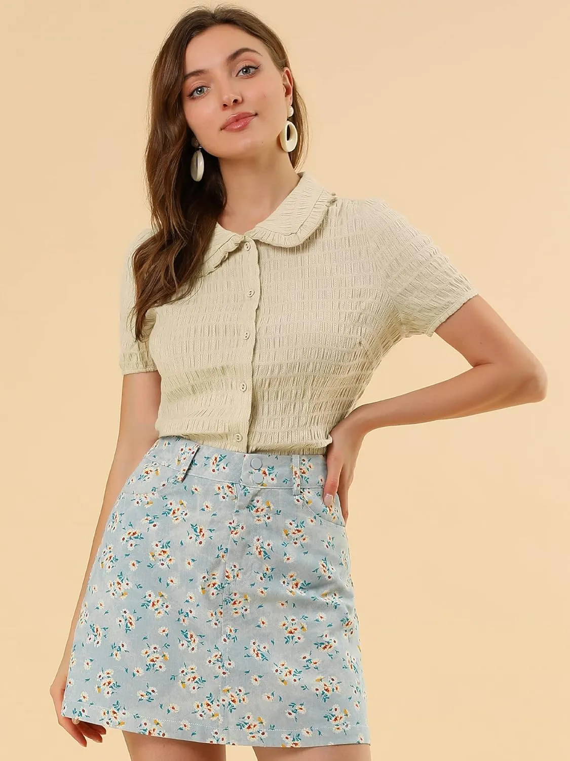 Allegra K Women's Sweet Peter Pan Collar Button Down Soft Shirt Blouse