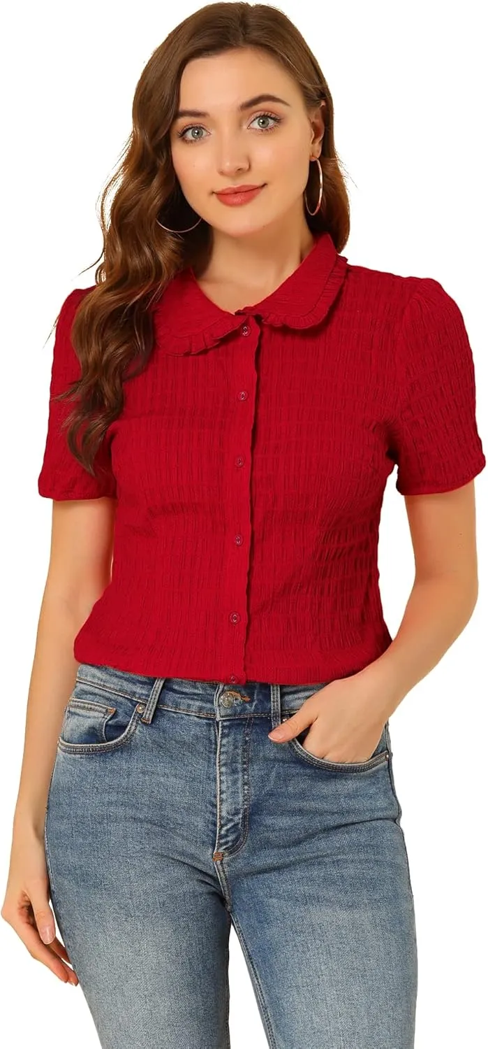 Allegra K Women's Sweet Peter Pan Collar Button Down Soft Shirt Blouse