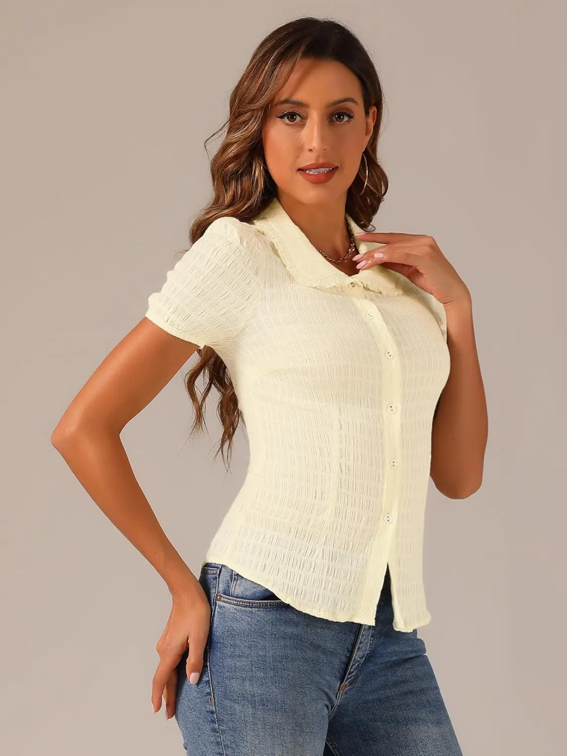 Allegra K Women's Sweet Peter Pan Collar Button Down Soft Shirt Blouse