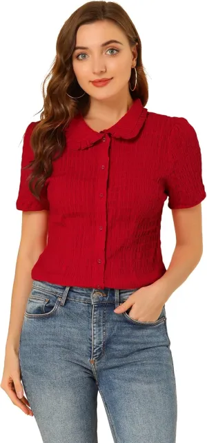 Allegra K Women's Sweet Peter Pan Collar Button Down Soft Shirt Blouse