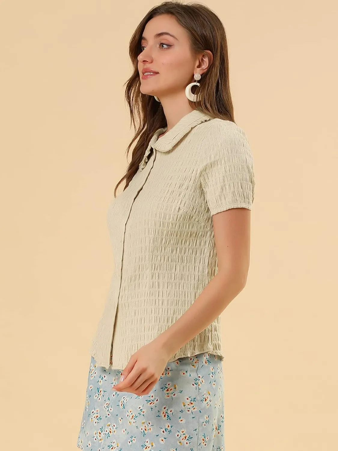 Allegra K Women's Sweet Peter Pan Collar Button Down Soft Shirt Blouse