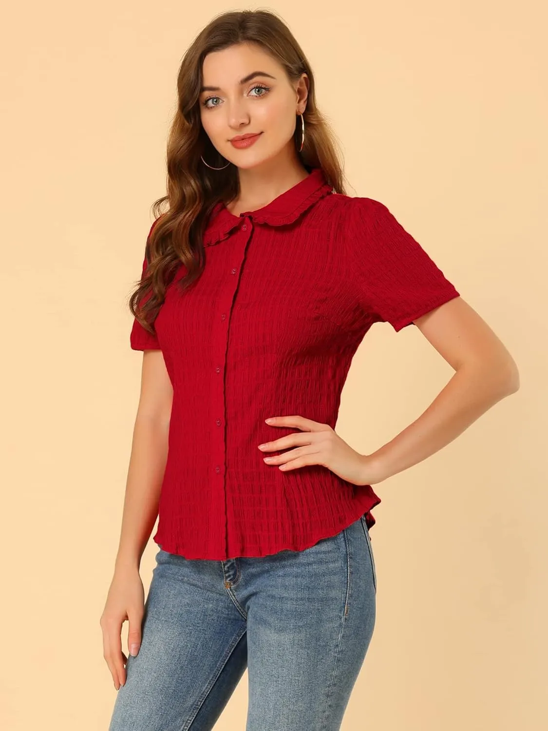 Allegra K Women's Sweet Peter Pan Collar Button Down Soft Shirt Blouse